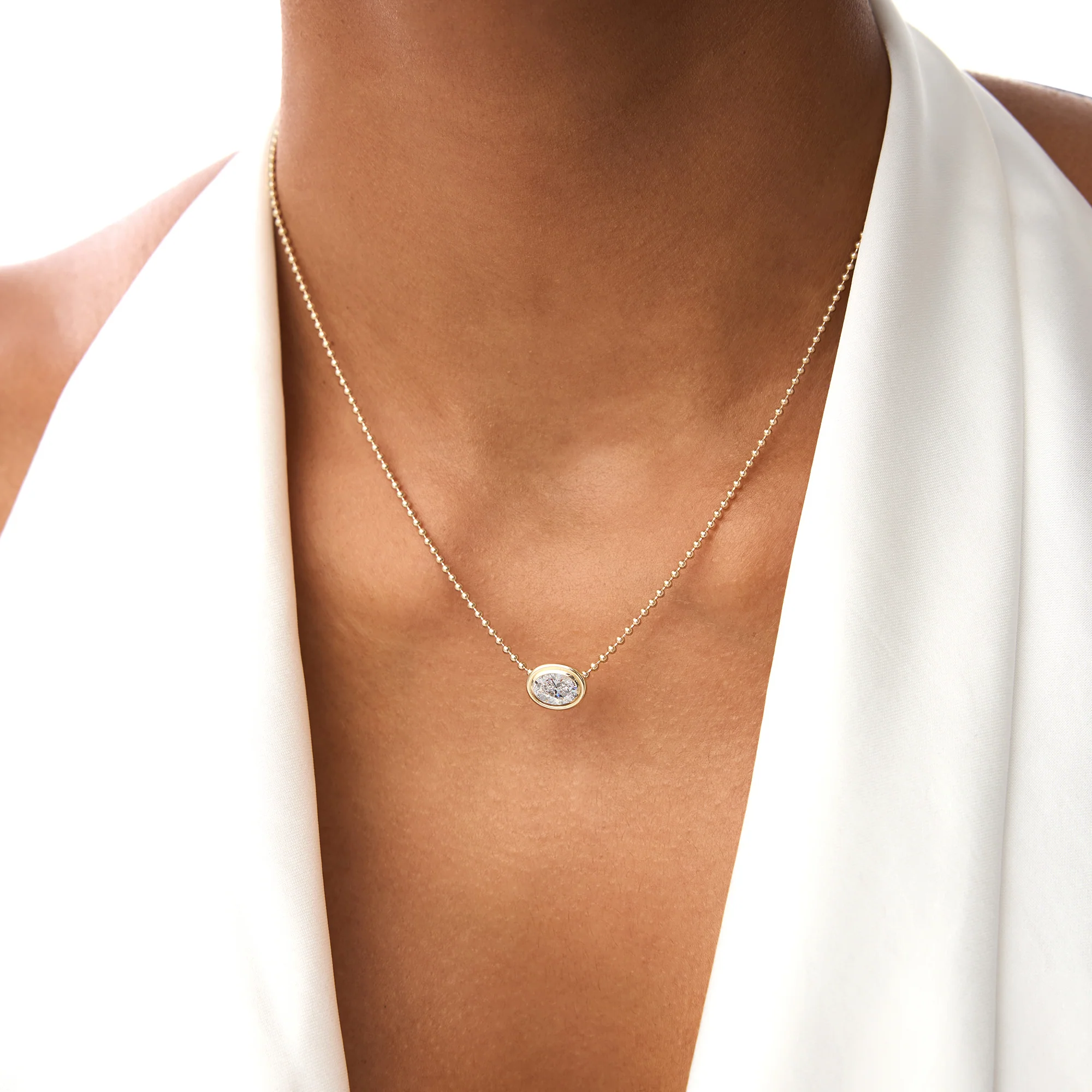 0.75 Ctw 14k Gold Oval Shape Bezel Lab Grown Diamond Beaded Necklace - Lega - Image 3