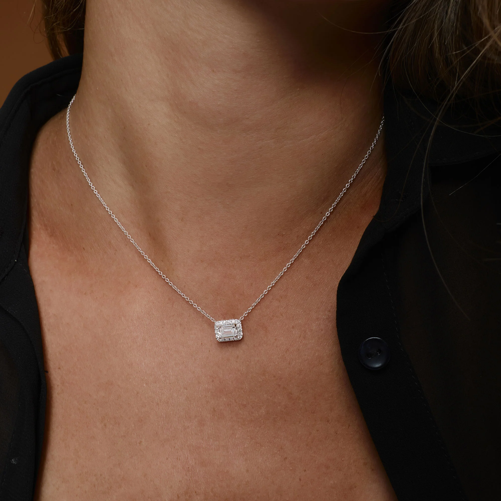 0.90 ctw 14K Halo Setting Emerald Cut Lab Grown Diamond Necklace - Taylor - Image 5