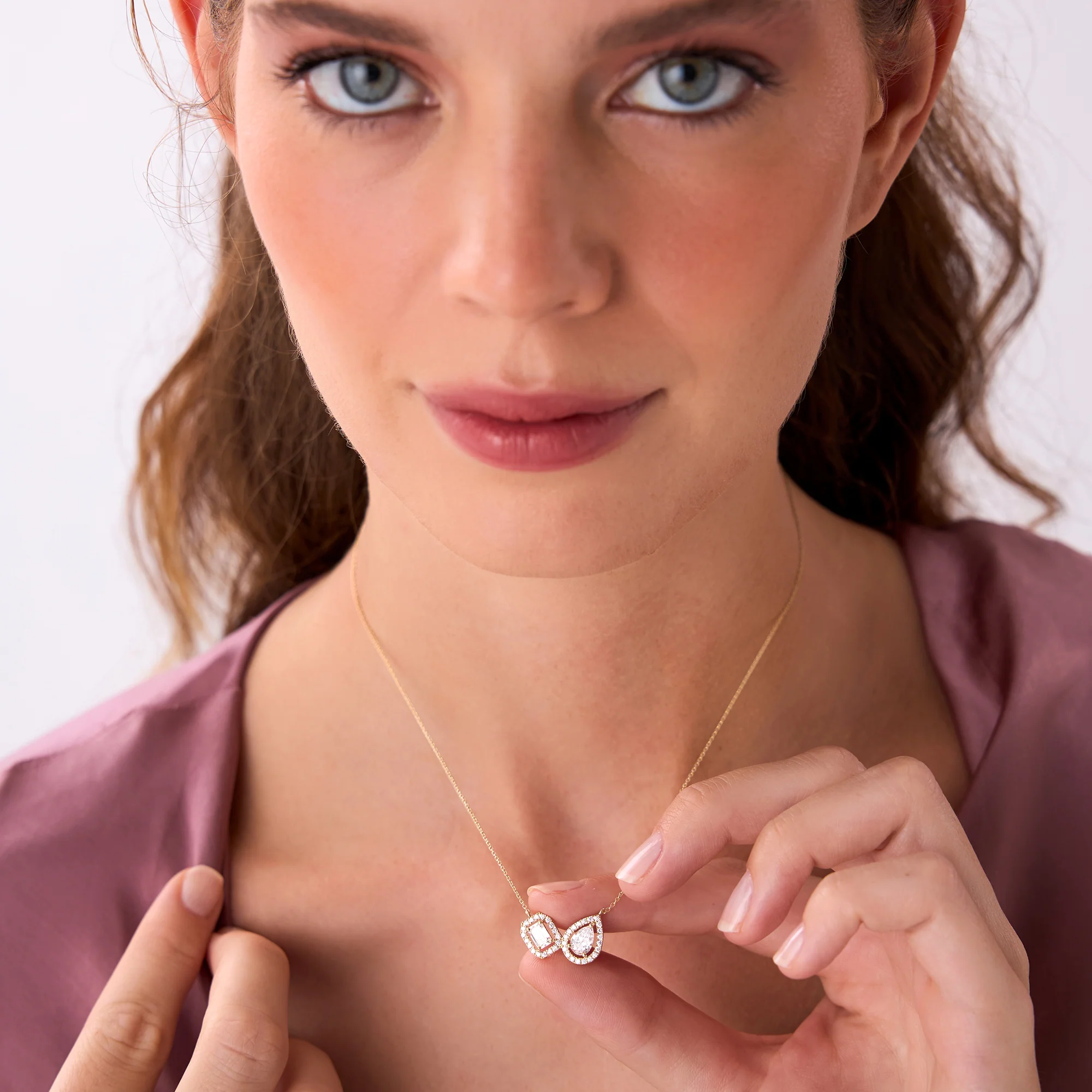 1.55 ctw Lab Grown Pear & Emerald Cut Toi et Moir Halo Setting Necklace - Sanaa - Image 2