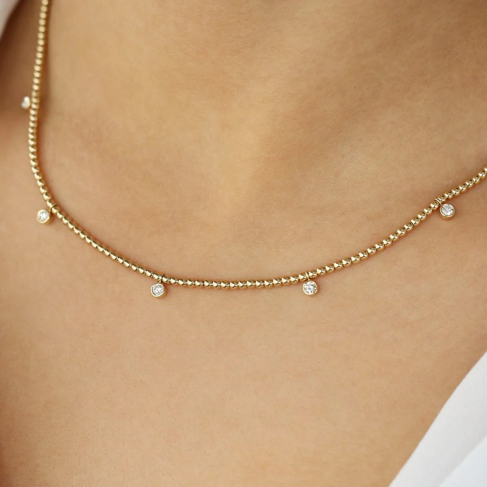 14k 2MM Bead Necklace with Dangling Bezel Setting Diamonds - Image 2