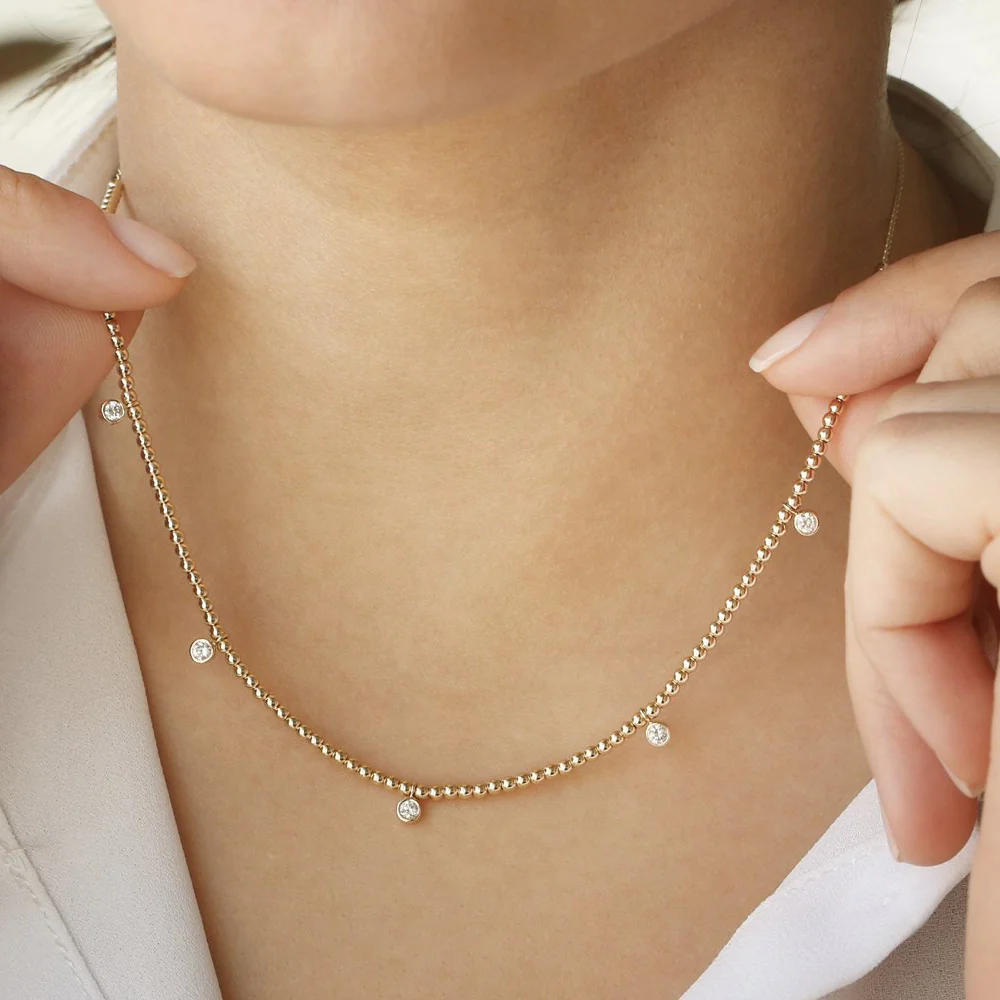 14k 2MM Bead Necklace with Dangling Bezel Setting Diamonds - Image 3