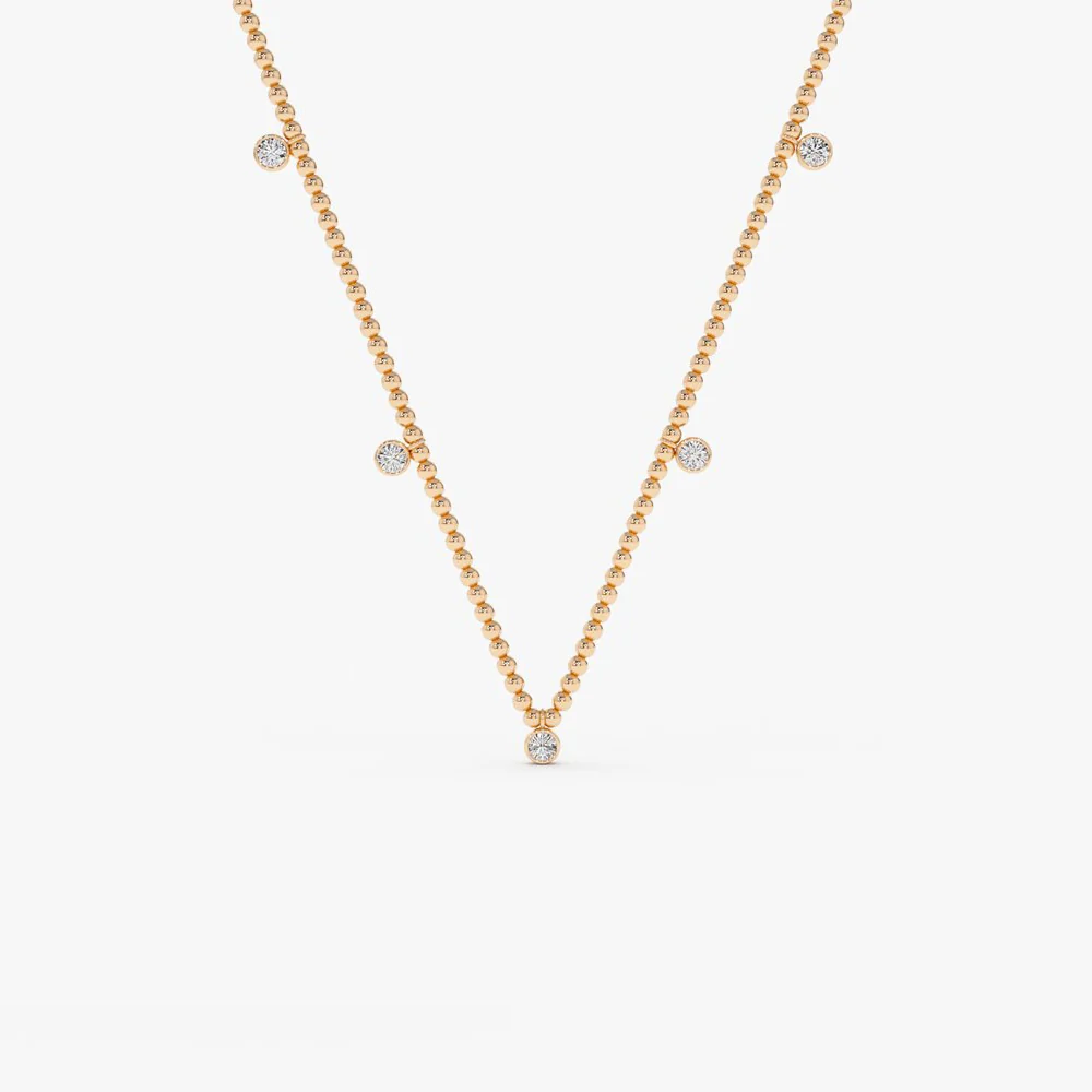 14k 2MM Bead Necklace with Dangling Bezel Setting Diamonds - Image 4