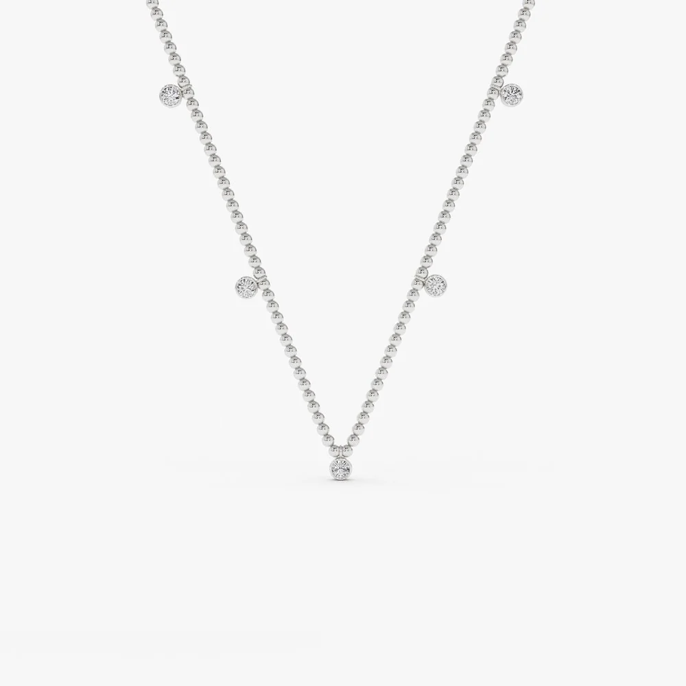 14k 2MM Bead Necklace with Dangling Bezel Setting Diamonds - Image 5