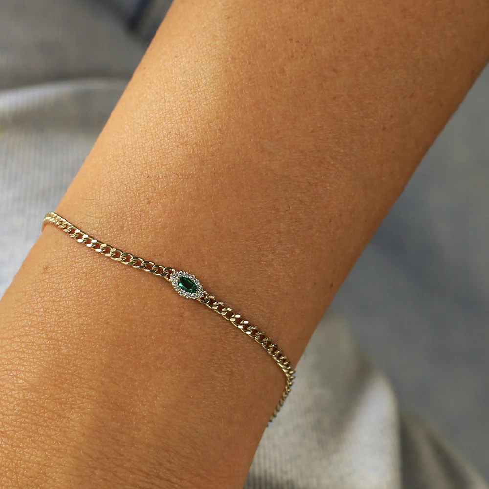 14k 2MM Curb Link Marquise Emerald Bracelet - Image 3