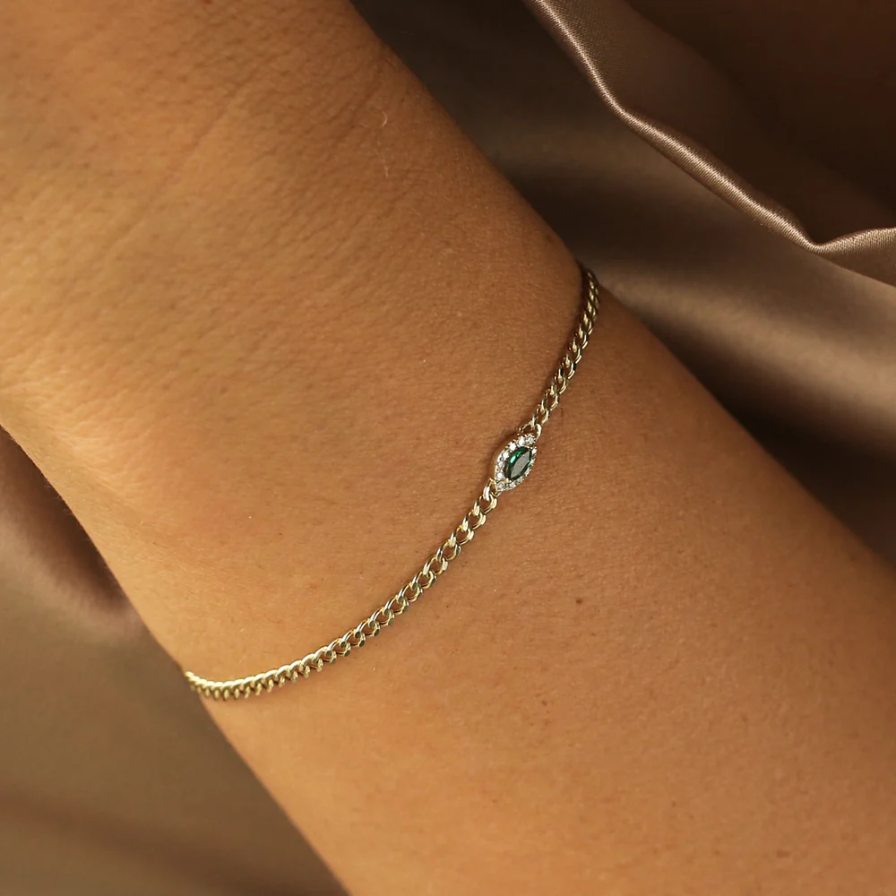14k 2MM Curb Link Marquise Emerald Bracelet - Image 4