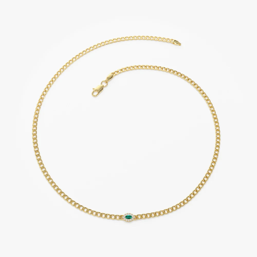 14k 2MM Curb Link Marquise Emerald Bracelet - Image 5