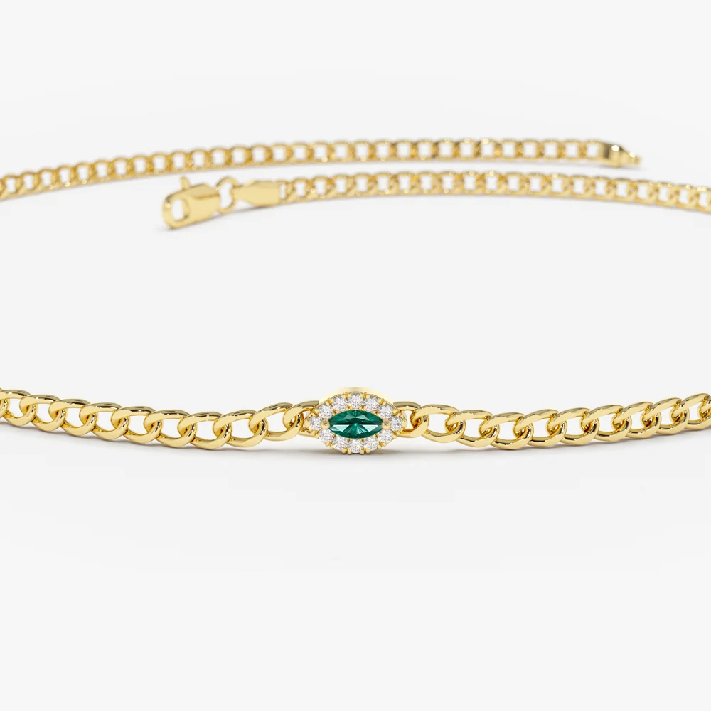 14k 2MM Curb Link Marquise Emerald Bracelet - Image 6
