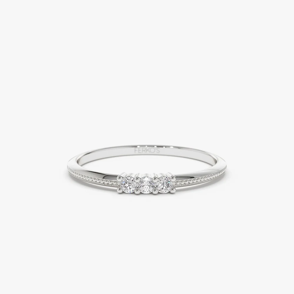 14k 3 Stone Beaded Diamond Ring - Image 7