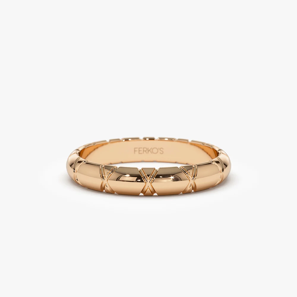 14k 3MM Unique X Cut Design Gold Wedding Ring - Image 5