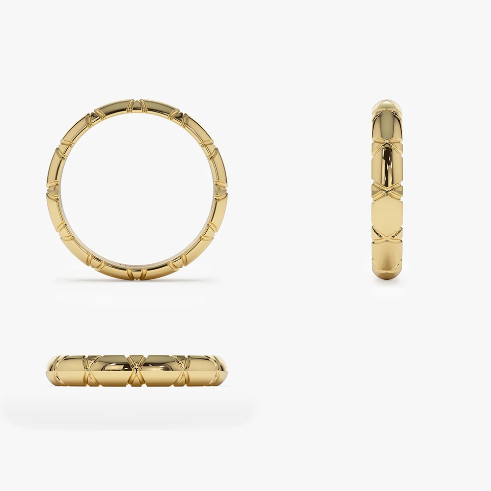 14k 3MM Unique X Cut Design Gold Wedding Ring - Image 8