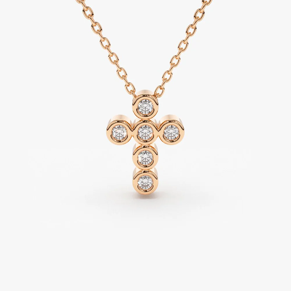 14K Gold 6 Stone Bezel Setting Diamond Cross Necklace - Image 5