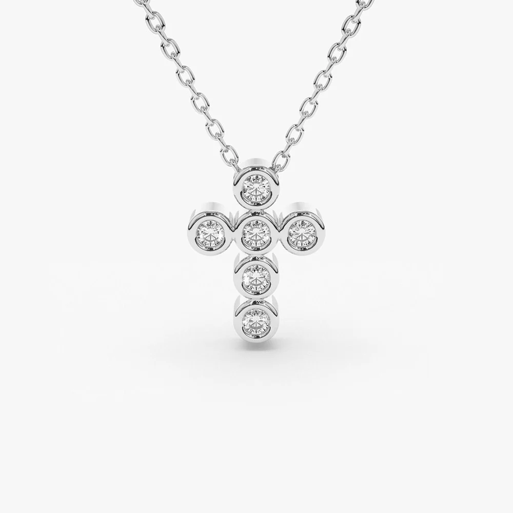 14K Gold 6 Stone Bezel Setting Diamond Cross Necklace - Image 6