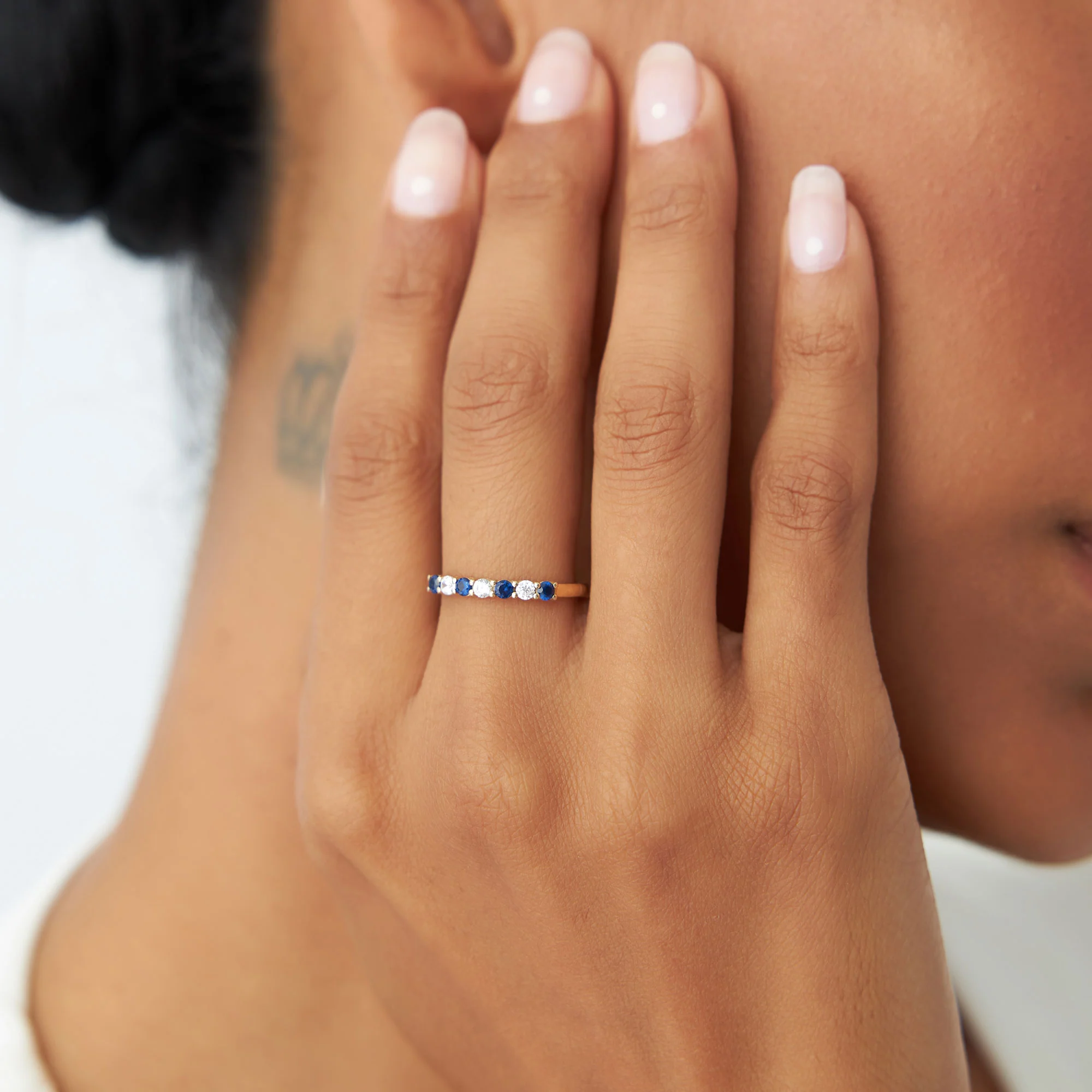 14k 7 Stone Basket Setting Diamond and Sapphire Wedding Ring - Image 3