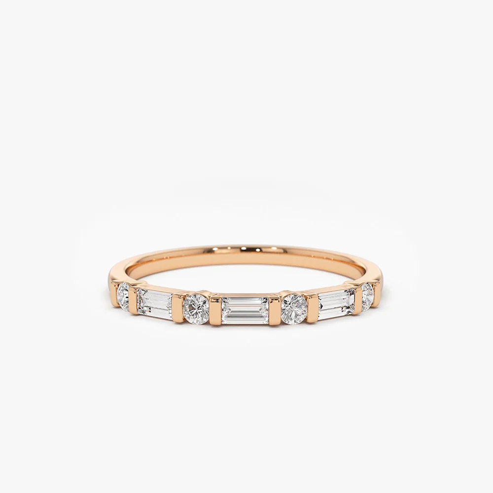 14K Alternating Baguette and Round Diamond Wedding Ring - Image 6