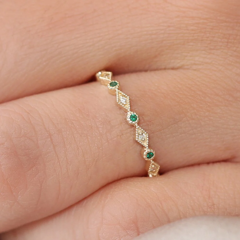14k Gold Emerald Art Deco Wedding Band - Image 2