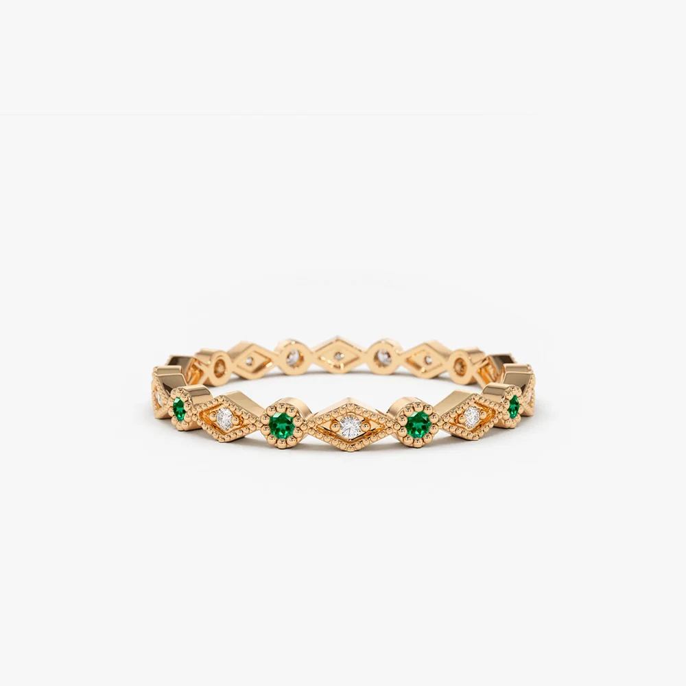 14k Gold Emerald Art Deco Wedding Band - Image 6