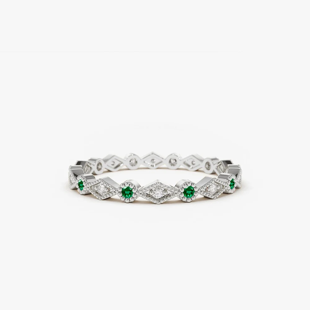 14k Gold Emerald Art Deco Wedding Band - Image 7