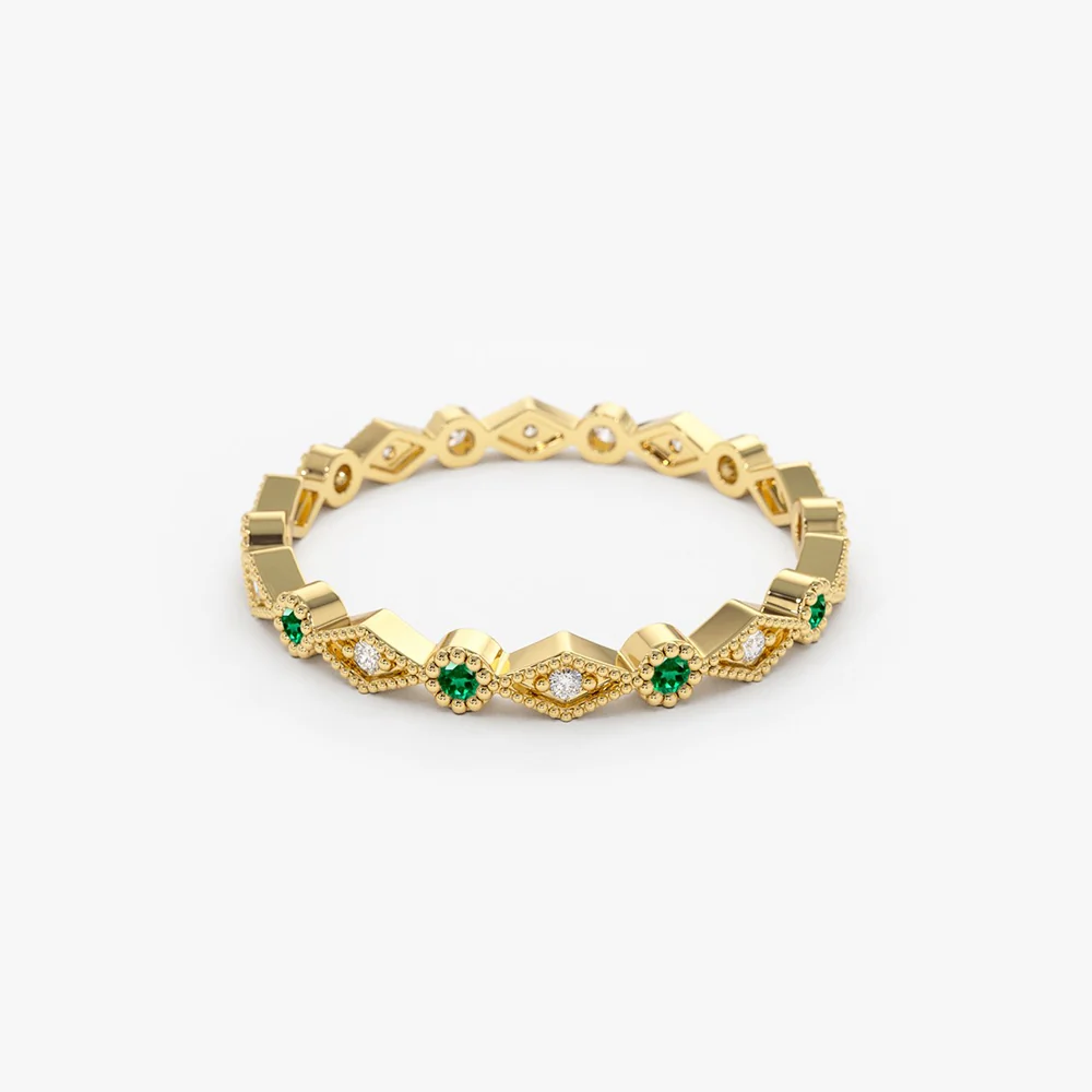 14k Gold Emerald Art Deco Wedding Band - Image 8