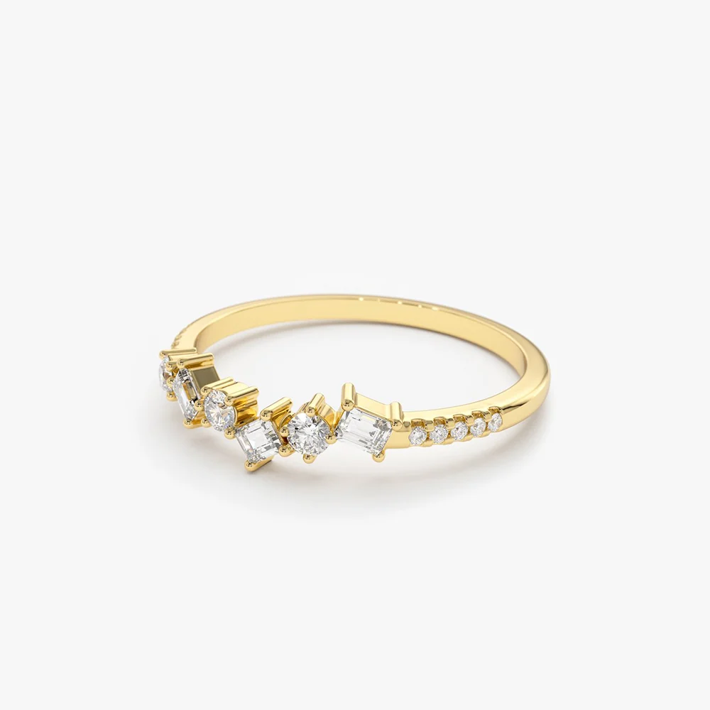 14K Gold Asymmetrical Baguette and Round Diamond Wedding Ring - Image 7