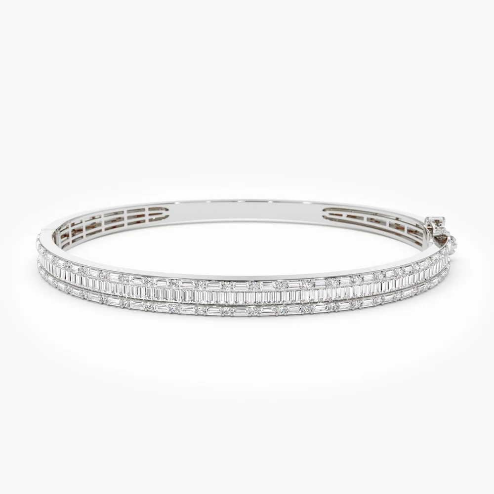 14k Baguette and Round Brilliant Micro Pave Statement Bangle Bracelet - Image 3