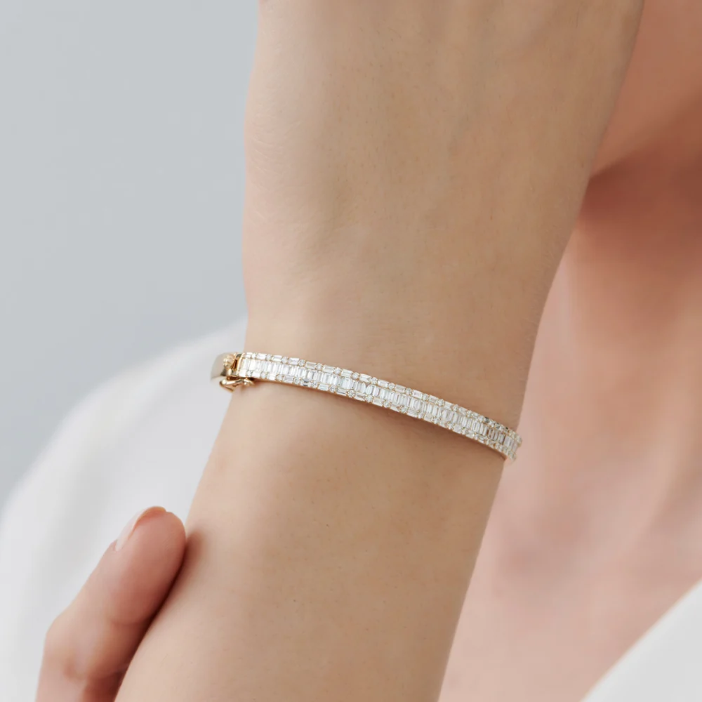14k Baguette and Round Brilliant Micro Pave Statement Bangle Bracelet - Image 6