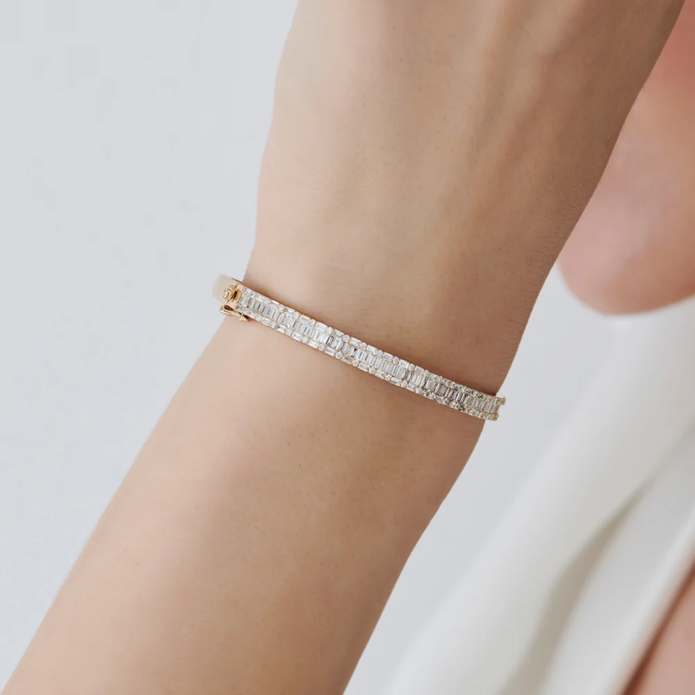 14k Baguette and Round Brilliant Micro Pave Statement Bangle Bracelet - Image 7