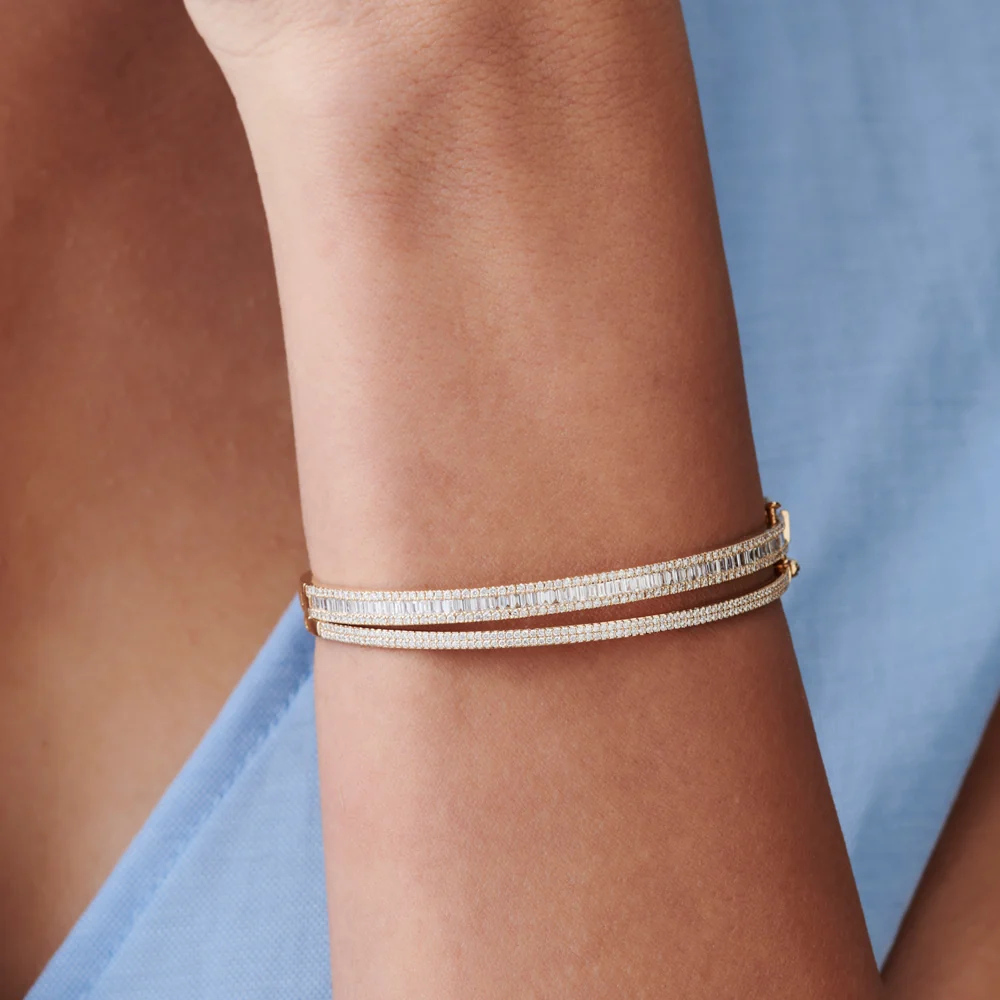 14k Baguette and Round Brilliant Micro Pave Statement Bangle Bracelet - Image 9