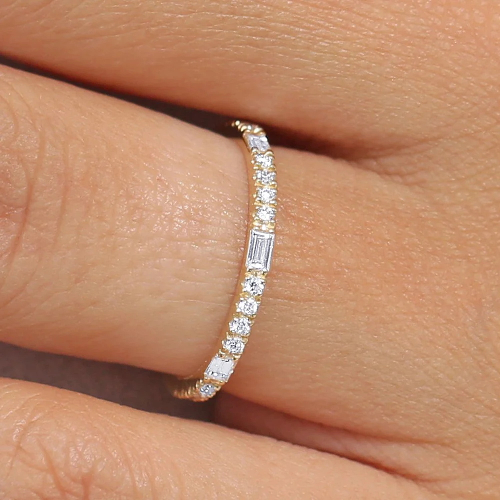 14K Gold Baguette and Round Cut Diamond Wedding Band - Image 2