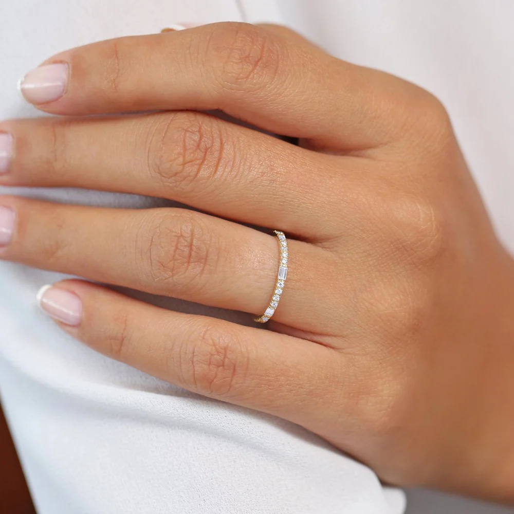 14K Gold Baguette and Round Cut Diamond Wedding Band - Image 4