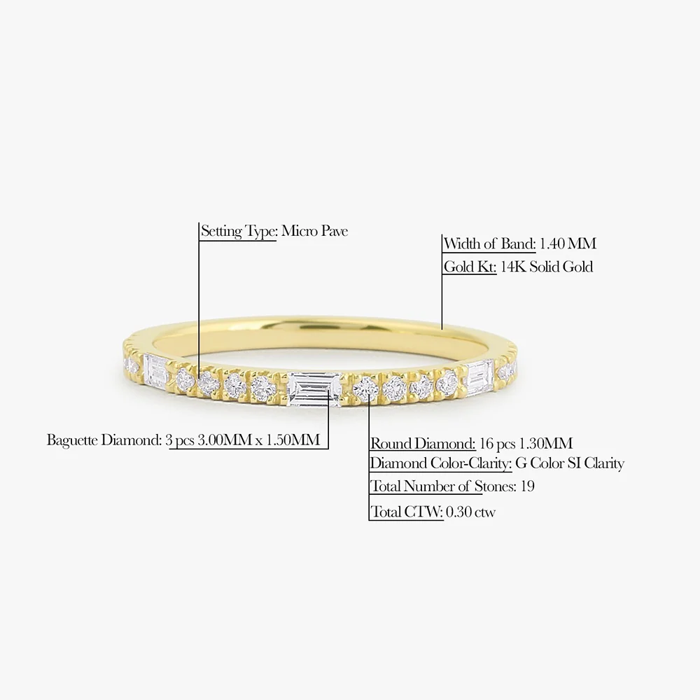 14K Gold Baguette and Round Cut Diamond Wedding Band - Image 7