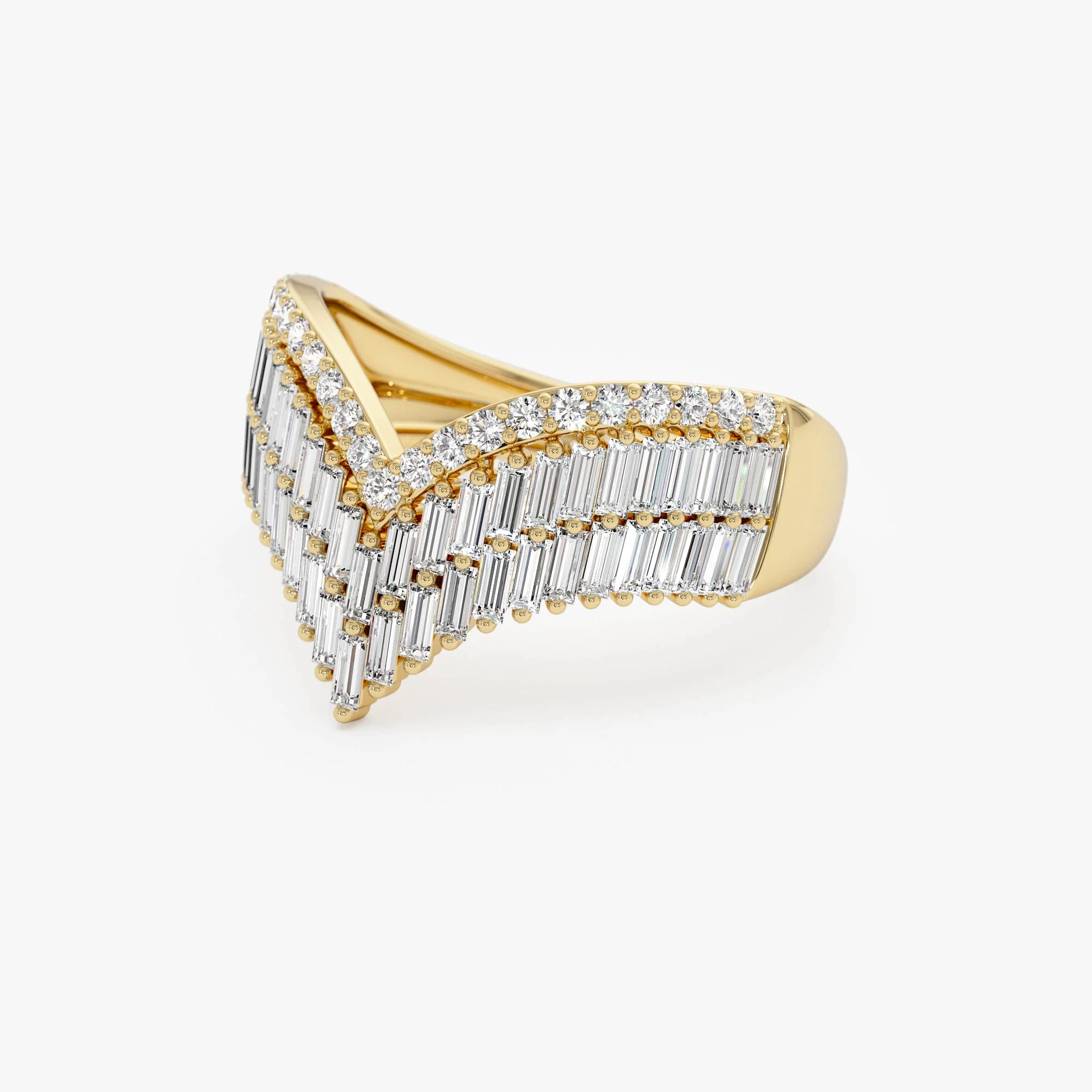 14k Baguette and Round Diamond Chevron Statement Ring - Image 9