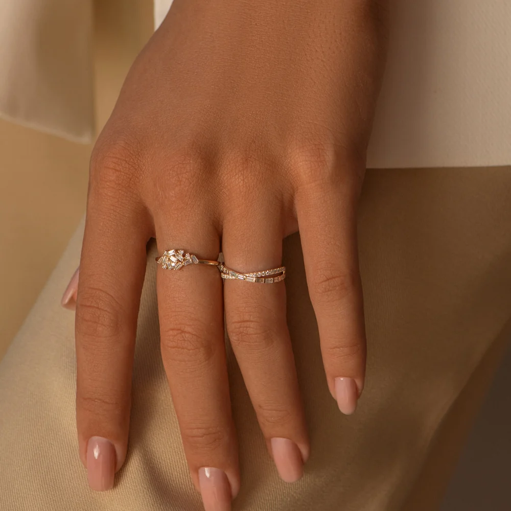 14k Baguette and Round Diamond Dainty Cluster Ring - Image 3