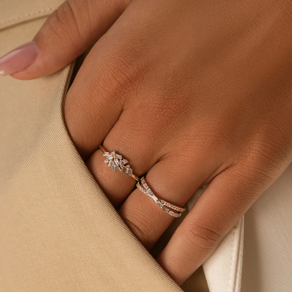 14k Baguette and Round Diamond Dainty Cluster Ring - Image 4