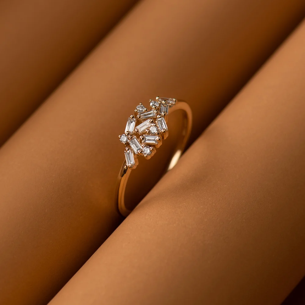 14k Baguette and Round Diamond Dainty Cluster Ring - Image 5