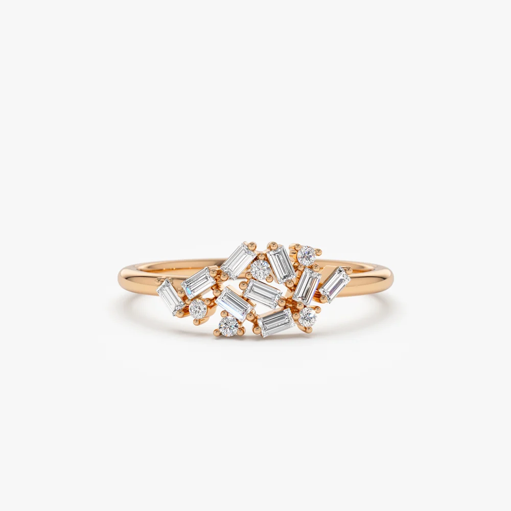 14k Baguette and Round Diamond Dainty Cluster Ring - Image 6