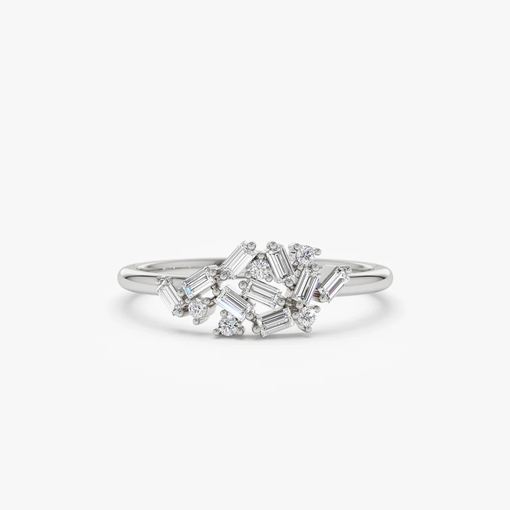 14k Baguette and Round Diamond Dainty Cluster Ring - Image 7