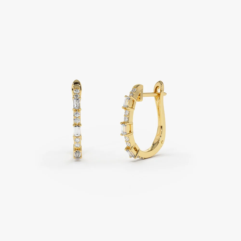 14K Gold Baguette And Round Diamond Earrings