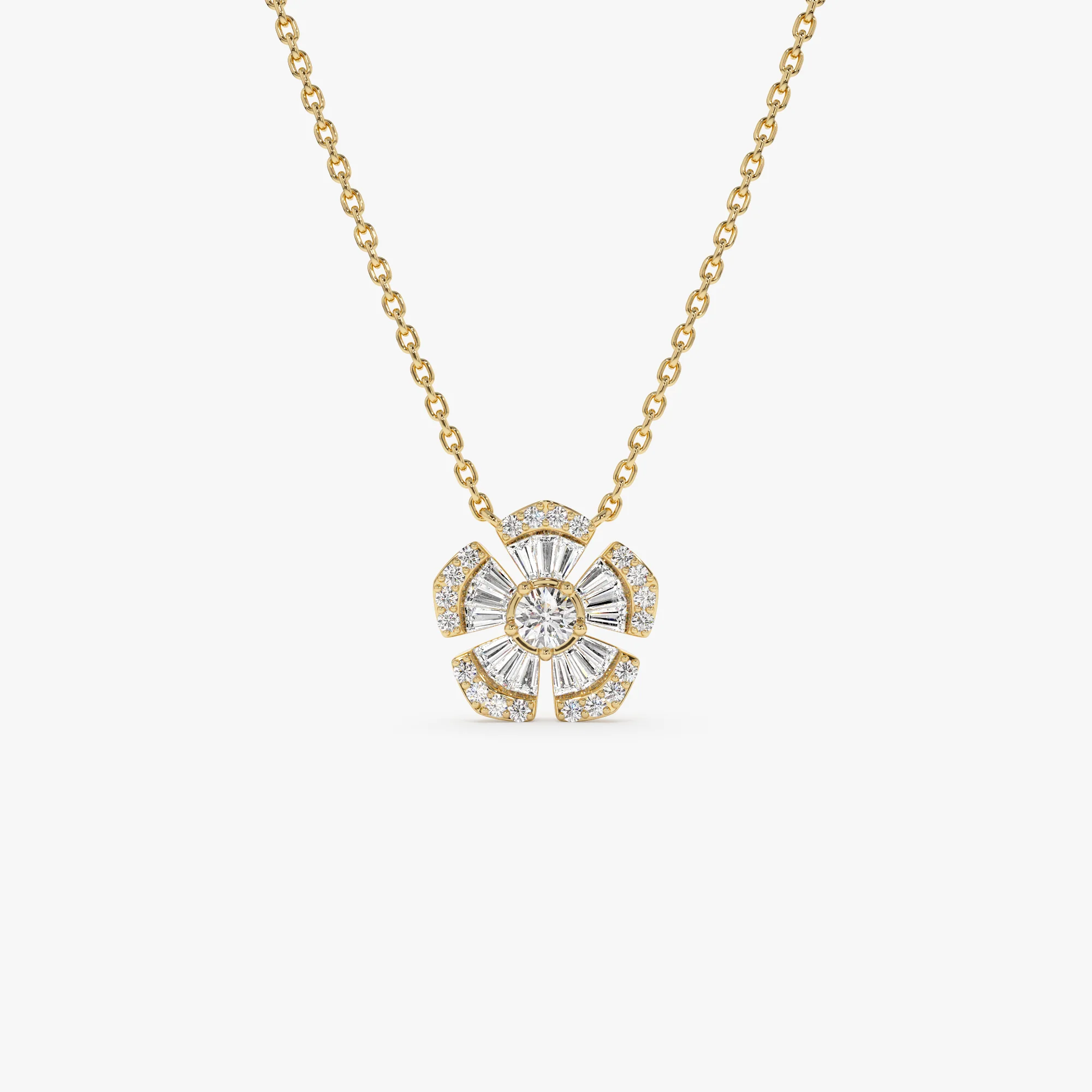 14k Baguette and Round Diamond Flower Necklace