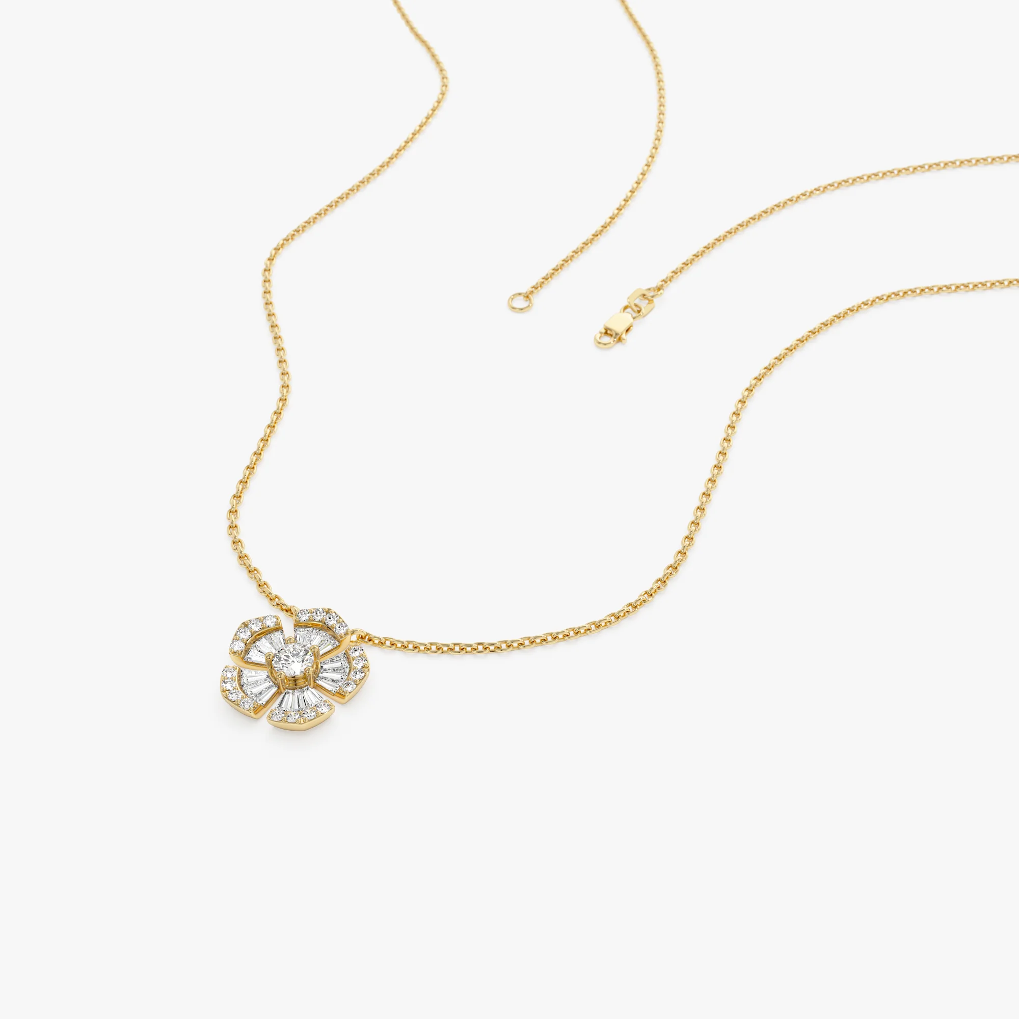 14k Baguette and Round Diamond Flower Necklace - Image 10