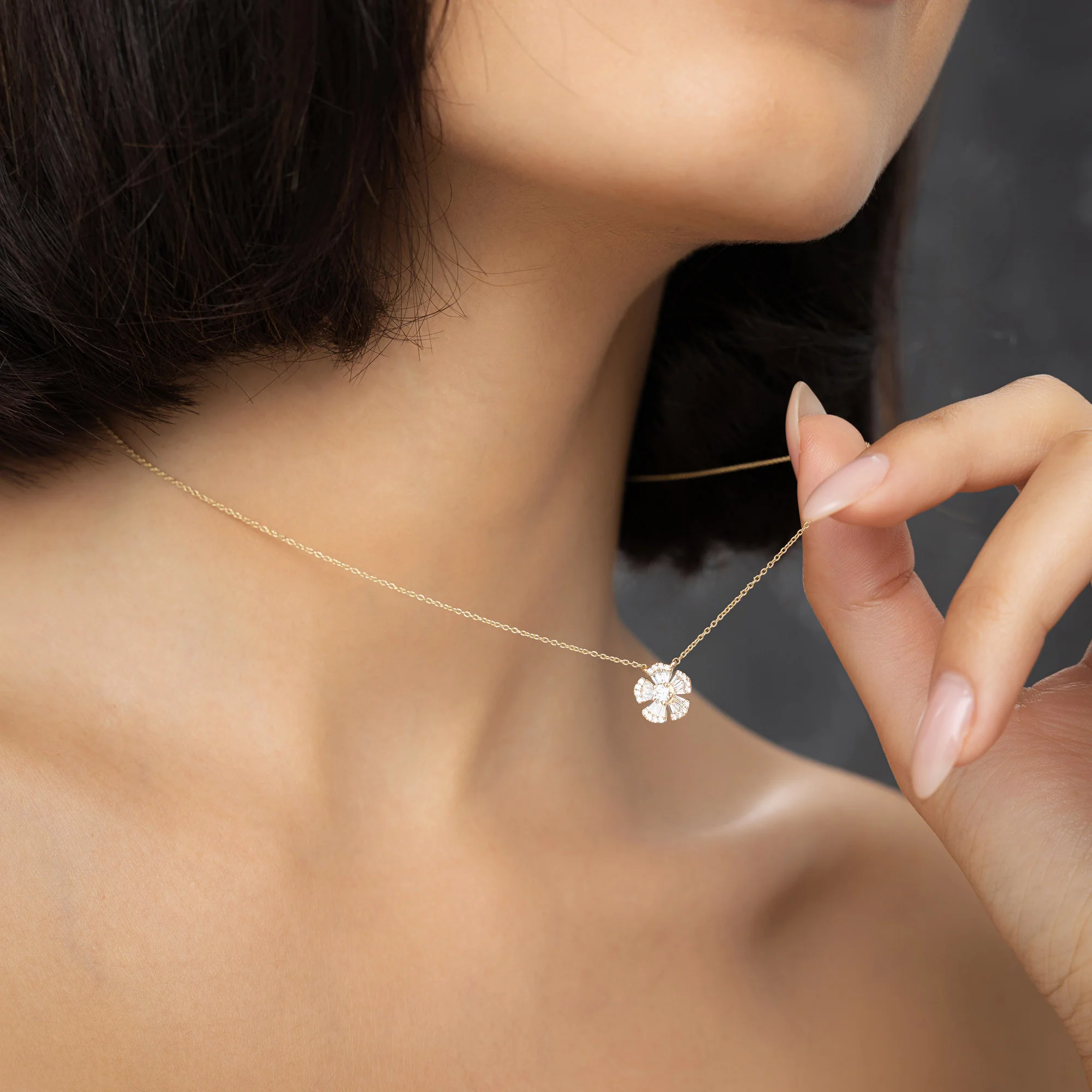 14k Baguette and Round Diamond Flower Necklace - Image 2