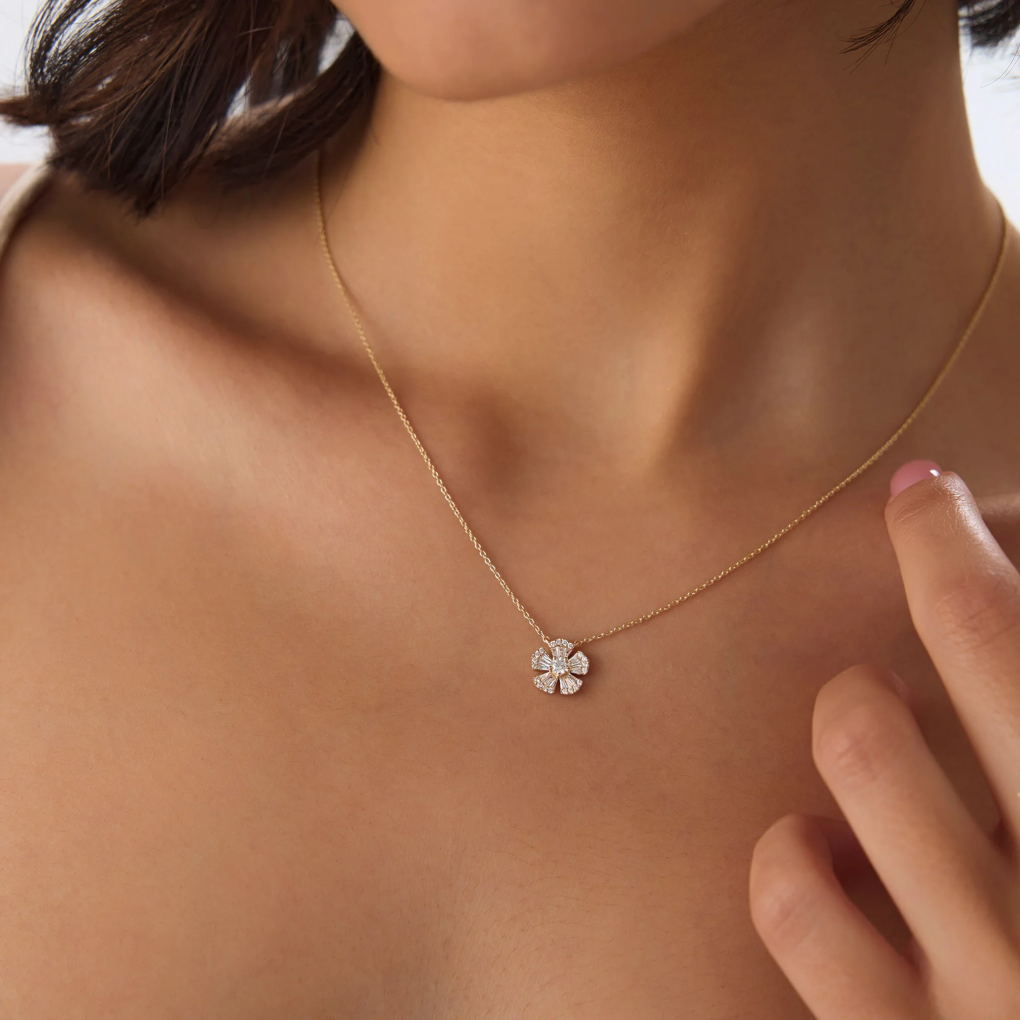 14k Baguette and Round Diamond Flower Necklace - Image 4