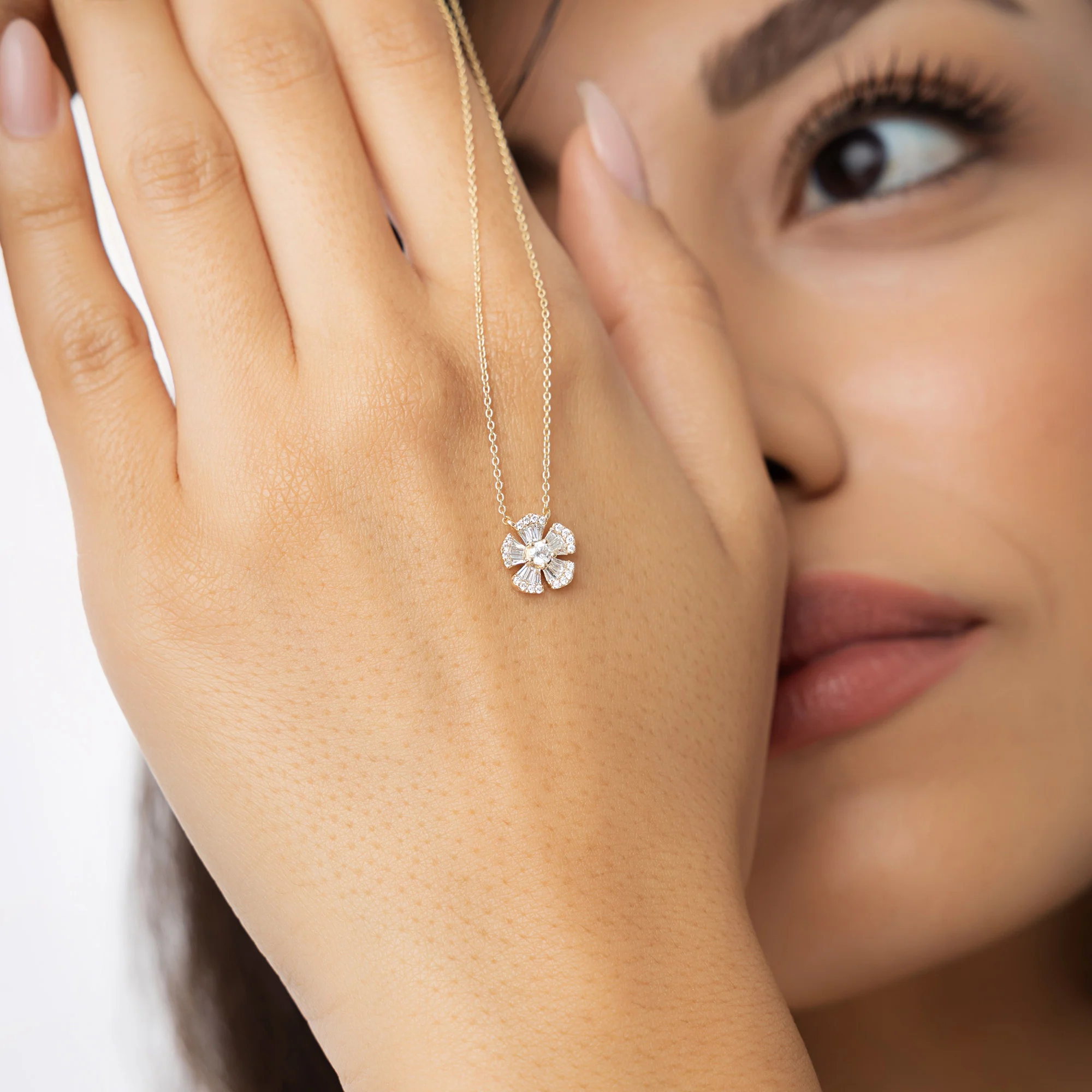 14k Baguette and Round Diamond Flower Necklace - Image 7