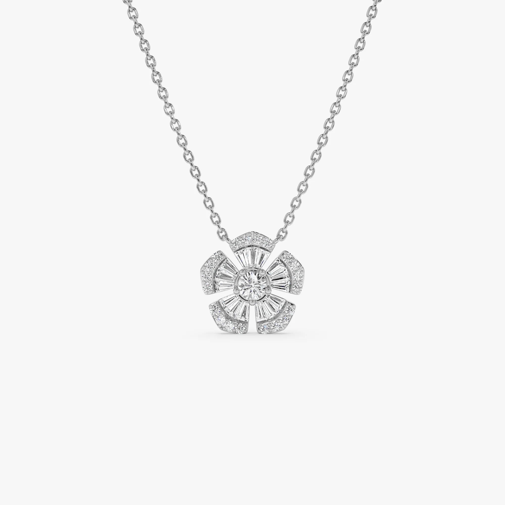 14k Baguette and Round Diamond Flower Necklace - Image 9