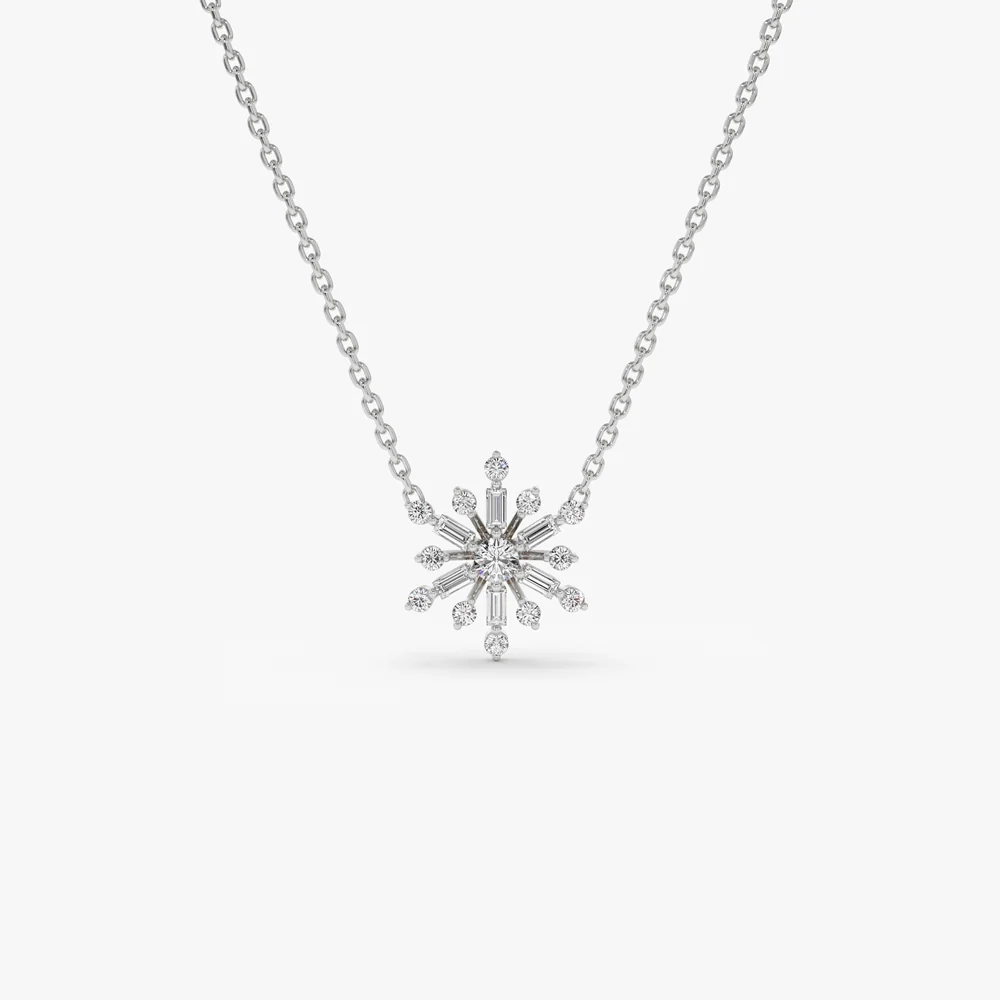 14k Baguette and Round Diamond Snowflake Necklace - Image 6