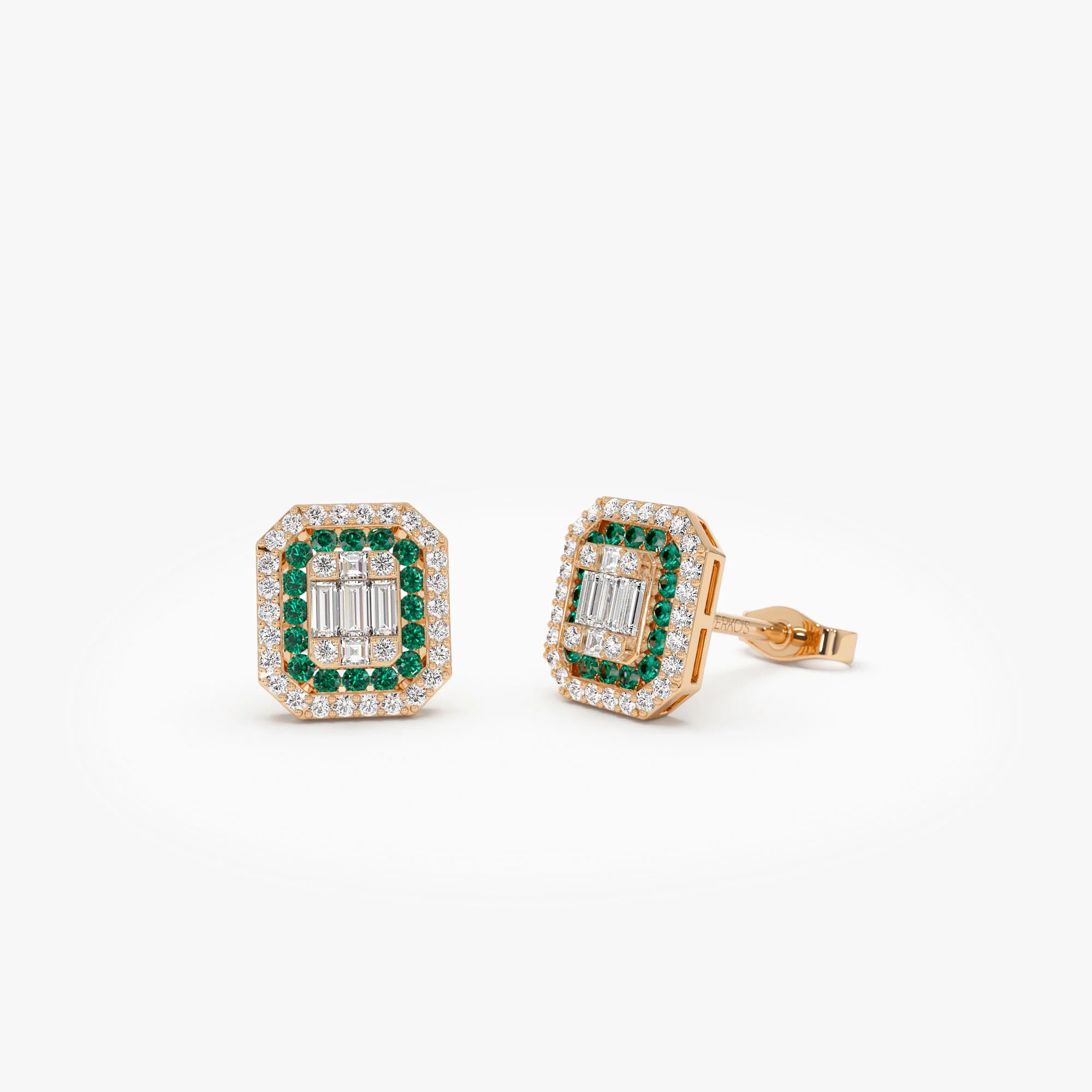 14k Baguette and Round Emerald Studs Halo Setting - Image 3
