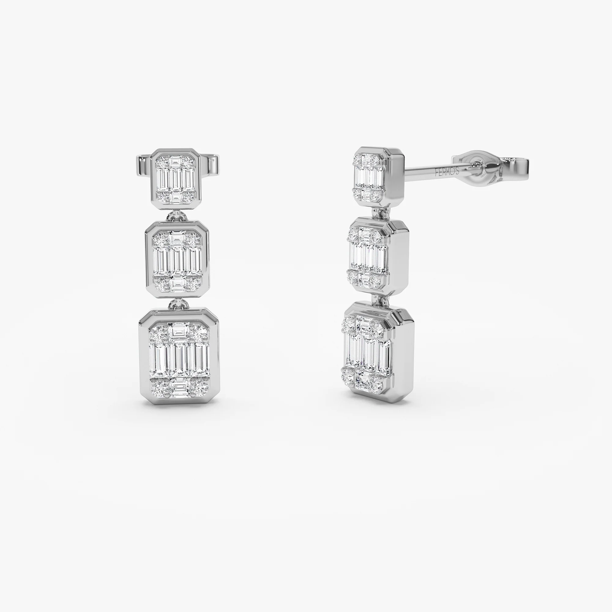 14k Baguette and Round Illusion Setting Diamond Drop Earrings - Image 4