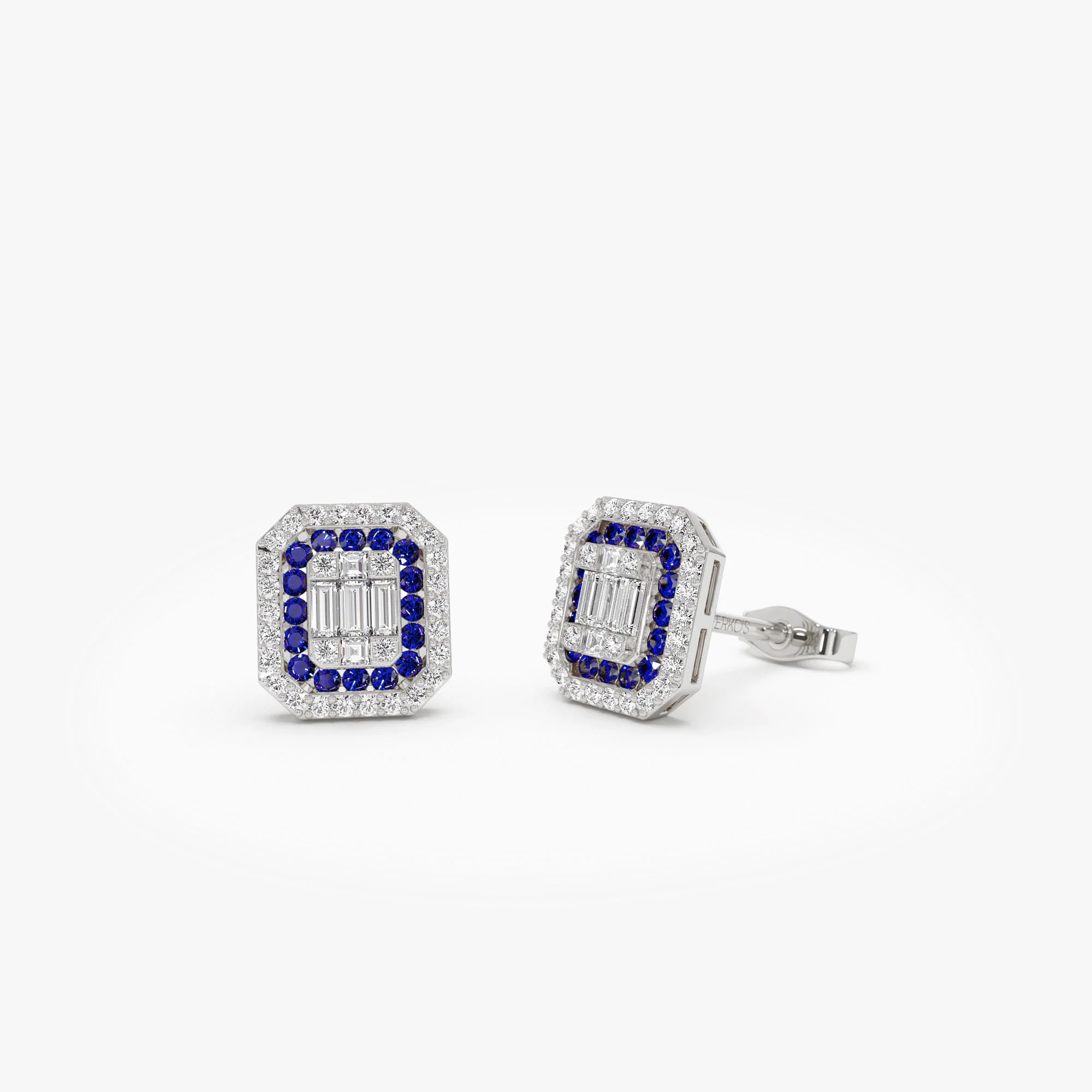 14k Baguette and Round Sapphire Studs Halo Setting - Image 4