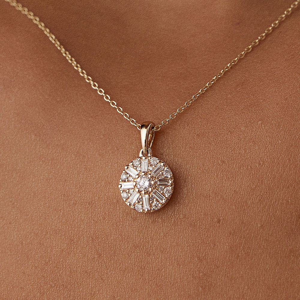 14k Baguette Diamond and Round Diamond Cluster Necklace - Image 2
