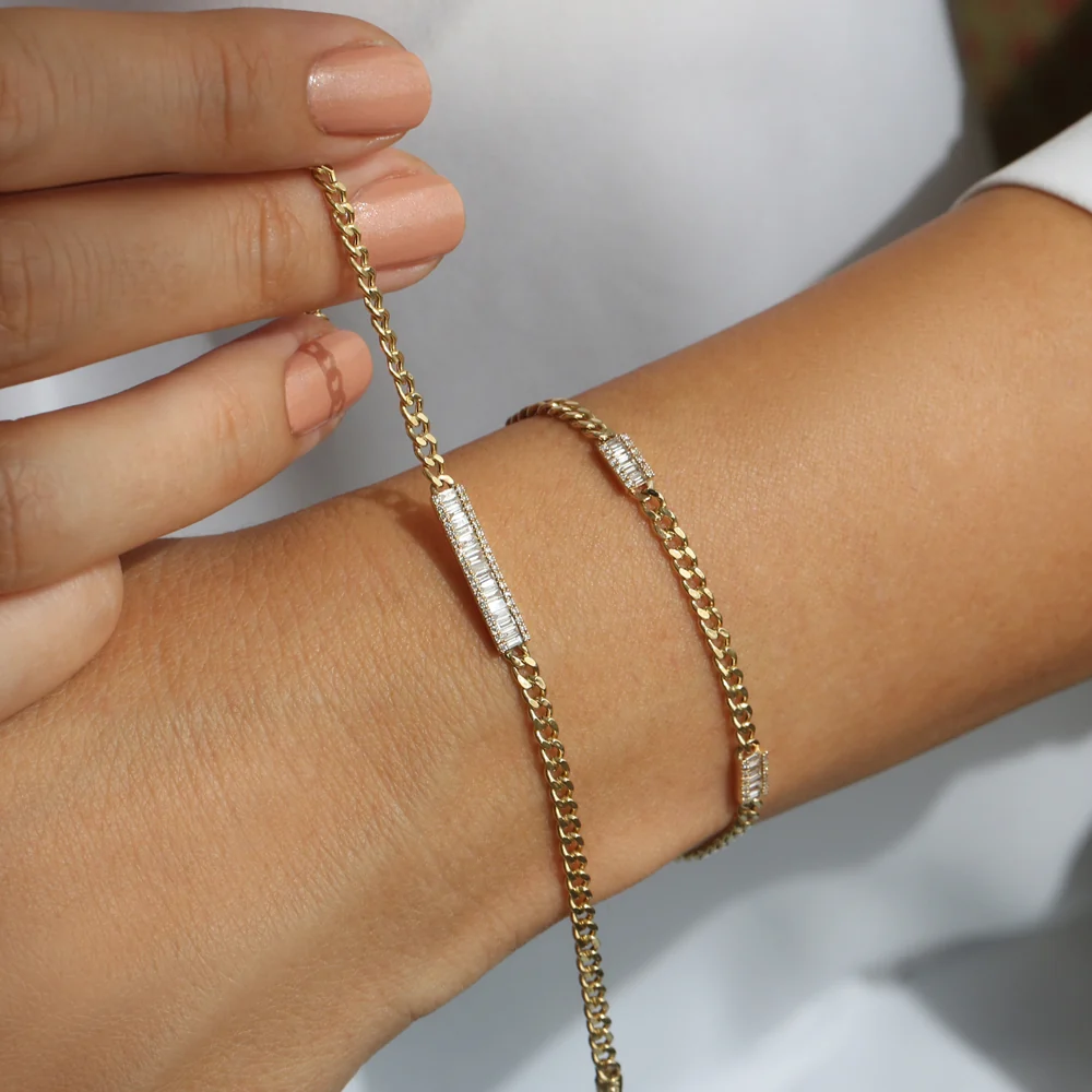 14k Baguette Diamond Bar Curb Link Bracelet - Image 2