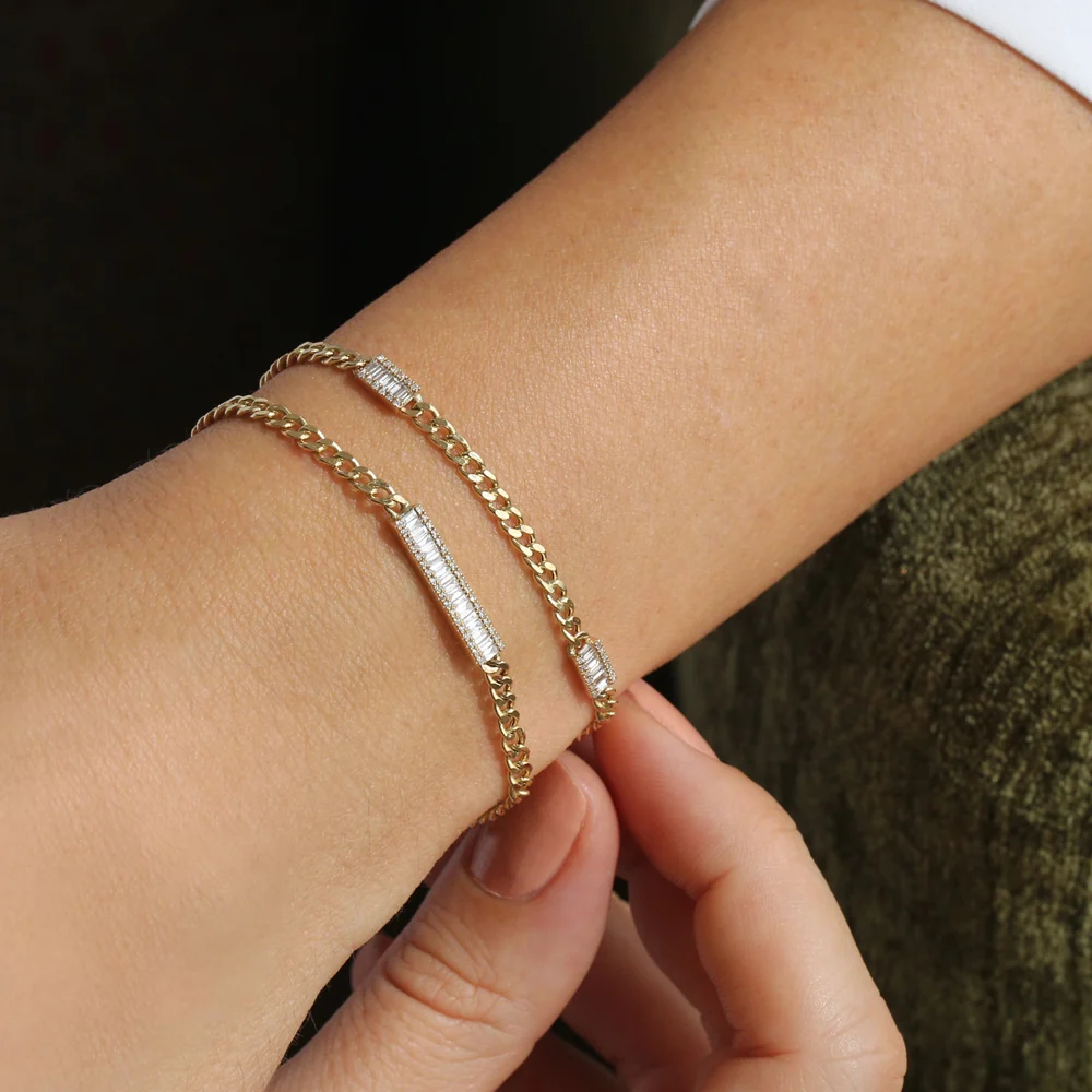 14k Baguette Diamond Bar Curb Link Bracelet - Image 4